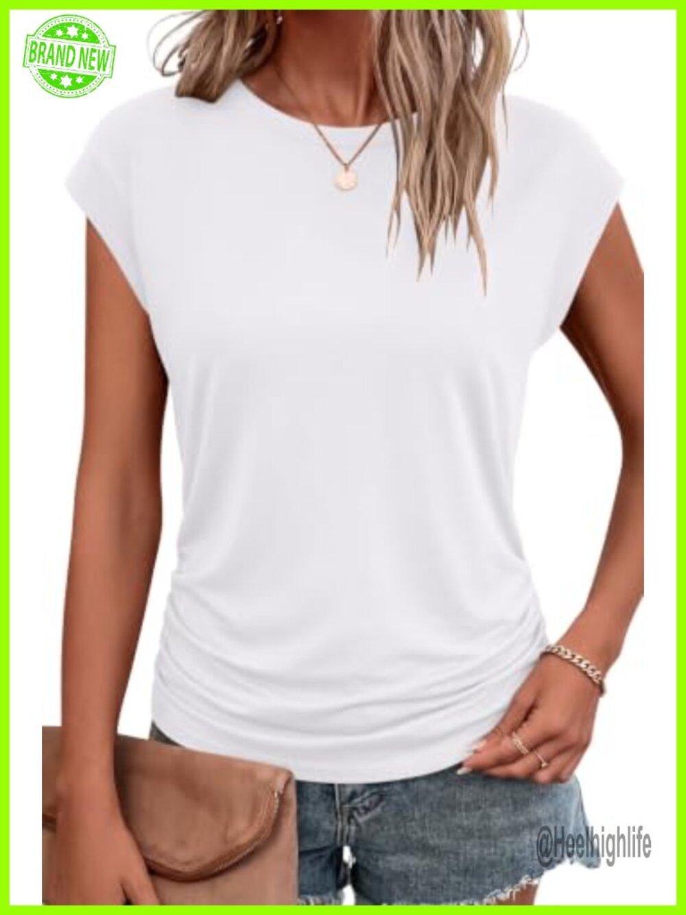 Women's Summer Top Cap Sleeve Crew Neck Pleated Casual T-Shirt